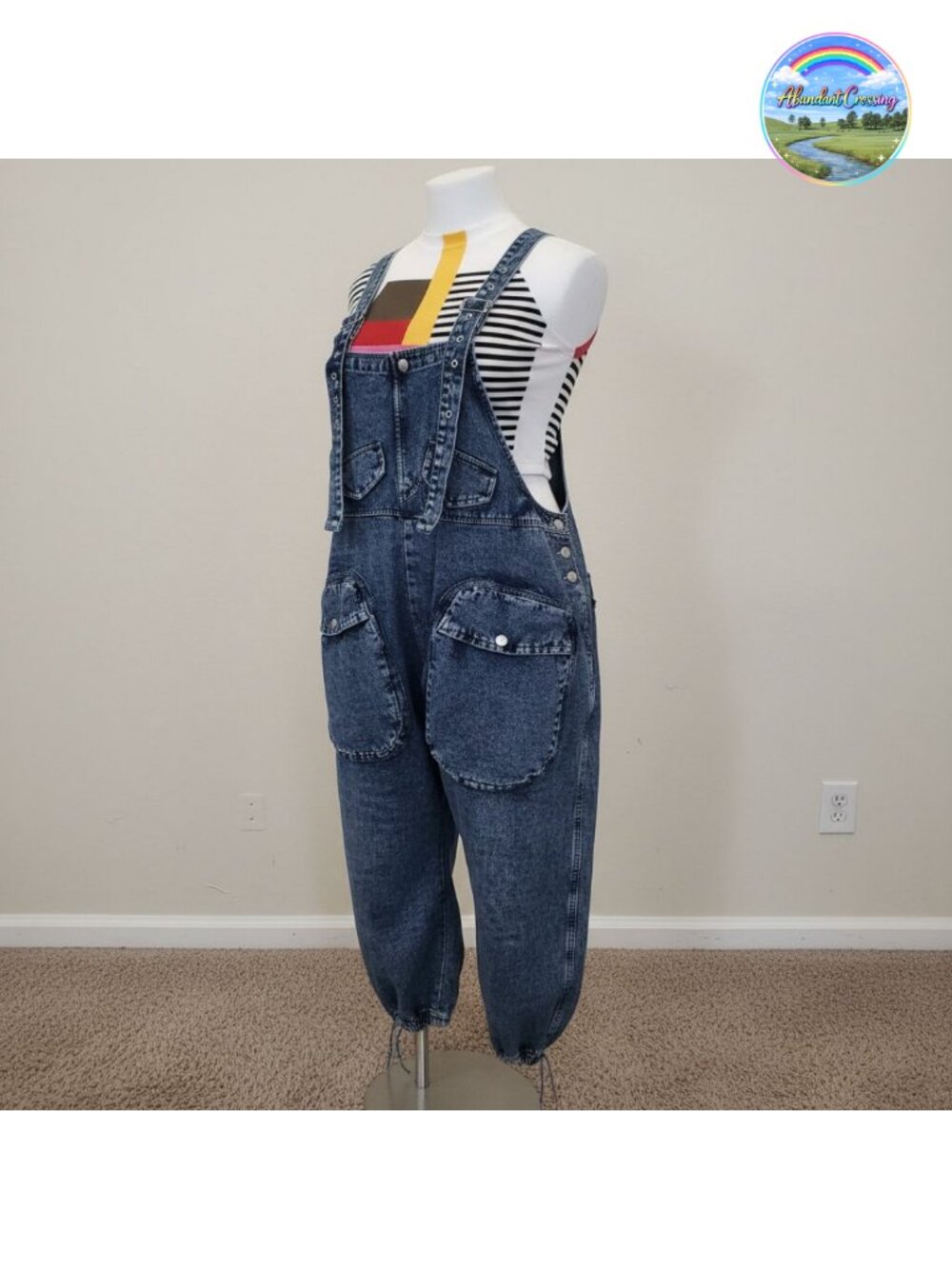 Women's Bib Denim Overalls Loose Wide Leg Jean Jumpsuit Cargo Pockets